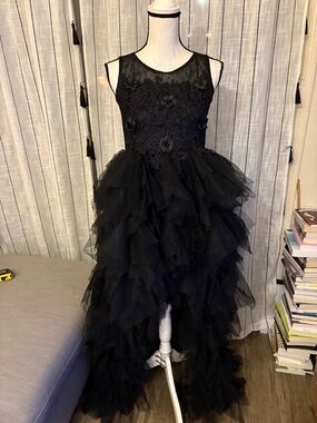 Girls' Black Floral Lace Bodice Layered Tulle High-Low Formal Dress